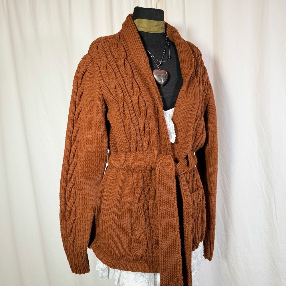 Vintage Brown Cable Knit Belted Cardigan – Size M/L